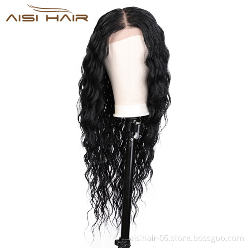 Aisi Hair High Quality 22 Inch Long Wavy Black Color Wig Water Wave Swiss Lace Wig Wholesale Synthetic Hair Wigs For Black Women